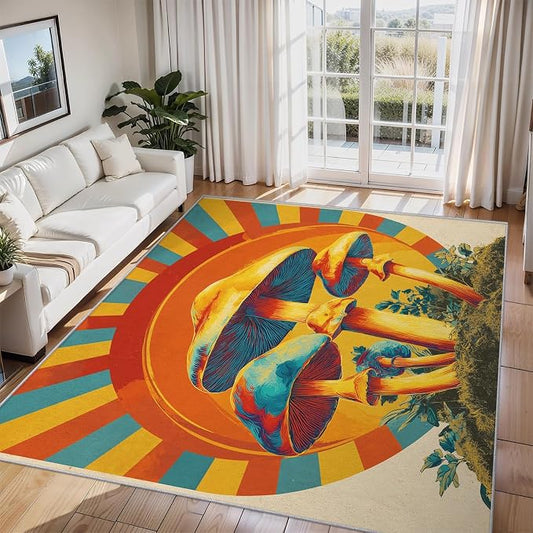 Mushroom Rugs for Home Decor, 5x8 ft, Mid Century Boho Sun Area Rugs for Living Room, Soft Non Slip Washable Retro Trippy Mushroom Carpet Bedroom Decorations Dt-Ghf-69