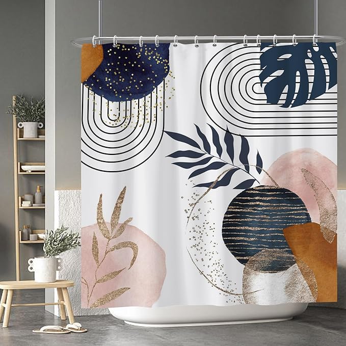 Baocicco Boho Shower Curtain Mid Century Navy Blue Gold Plant Leaves Modern Abstract Minimalist Shower Curtains Decorative for Bathroom Waterproof Fabric Shower Curtain with Hooks 72x72 Inches