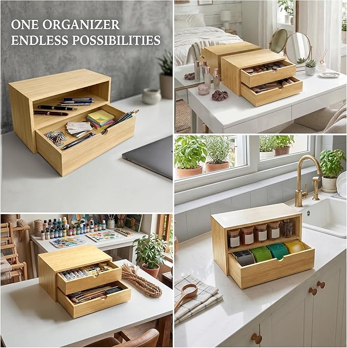 Bamboo Desk Organizer with 2 Drawers, Desktop Drawers Wooden Storage Box 13.4 x 7.1 x 7.5 Inches Countertop Organizer for Office Supplies, Solid Wood Tabletop Drawer No Assembly Required