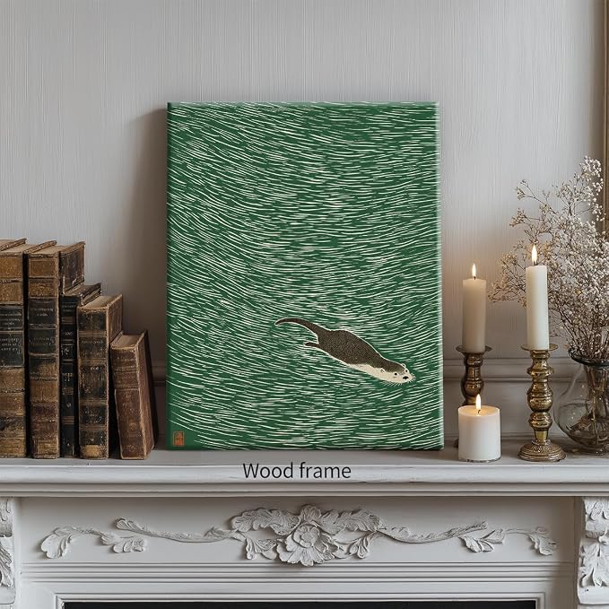 Wrapped Framed Japanese Otter Swimming Poster Funny Nature Wild Animal Pictures Retro Minimal Green Water Canvas Wall Art for Living Room Bedroom Bathroom 08x10 inch