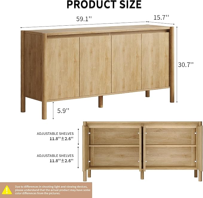 59" Wide Oak Buffet Cabinet Storage,4 Doors and Adjustable Shelves,Solid Wood Round Legs,Wood Mid Century Sideboard for Kitchen,Living Room,Coffee Bar.