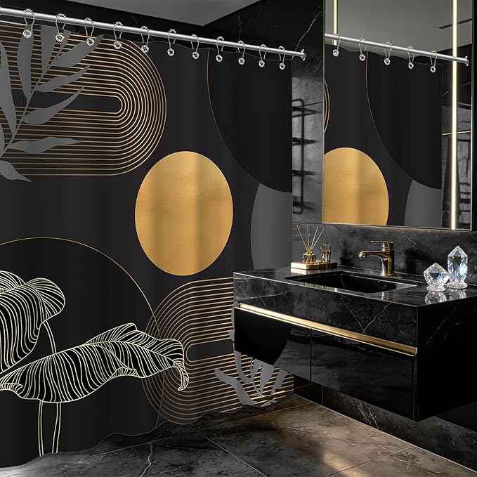 Black and Gold Shower Curtain Dark Mid Century Modern Boho Shower Curtains for Bathroom Decor MCM Masculine Cool Bath Curtain Set, Waterproof Fabric with Hooks 70 x 72 Inch