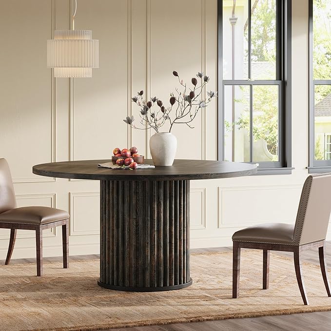 Tribesigns 47.24-Inch Round Dining Table for 4-6 People, Modern Fluted MDF + Metal Base Kitchen Table, Sturdy Circle Dining Room Furniture, Black Brown