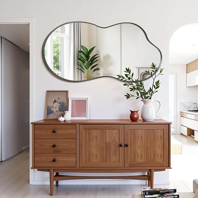 Suidia Irregular Wall Mirror, 48"x26" Bathroom Mirror Asymmetrical Mirrors Artistic Mirrors Decorative for Living Room Bedroom Bathroom Hallway Entryway, Black, Cloud Style