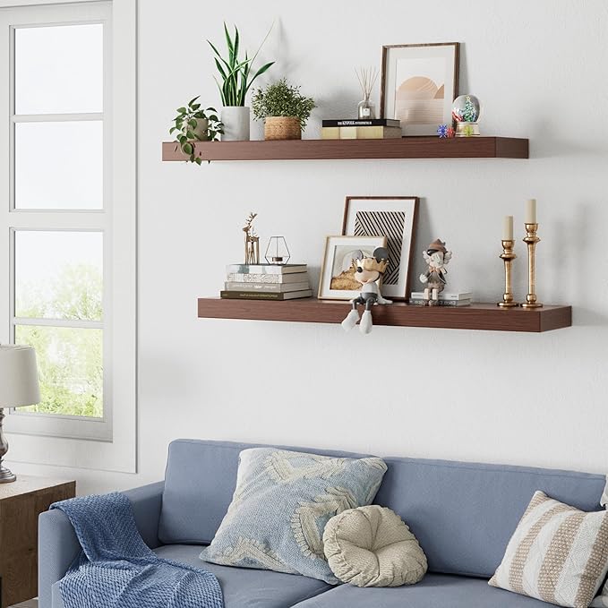 Walnut Floating Shelves for Wall Mounted, 2 Inch Thick Wooden Floating Shelves, 8 Inch Deep Shelves Over Toilet, 36"x8" Wall Shelves for Kitchen Living Room Bathroom, 50LBS Capacity, Set of 2