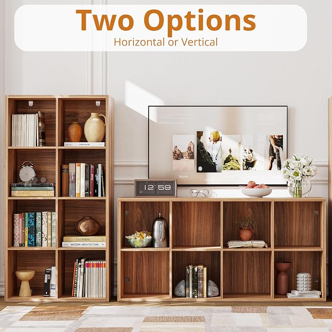 IRONCK Bookshelf, 8-Cube Storage Cube Shelf Organizer, Extra Thick Frame Horizontally & Vertically Reversible Bookcase with Open for Living Room, Bedroom, Home Office, Oak Brown