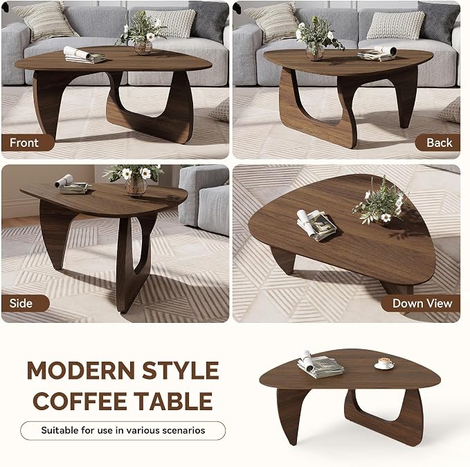 Modern Wood Coffee Table, Triangle Center Table with Premium Wooden Top& Unique Base, 42.5” Small Mid Century Tea Tables for Living Room, Apartment, Office,Walnut