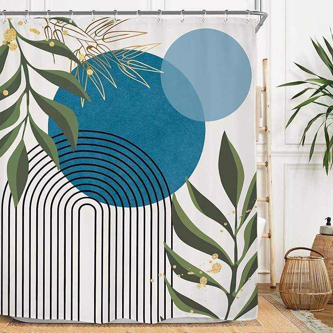 Miyotaa Teal Blue Abstract Shower Curtain Set 60Wx71H Inches Minimalist Aesthetic Modern Contemporary Geometric Plant Leaves Polyester Waterproof Bathroom Curtain with 12 Hooks
