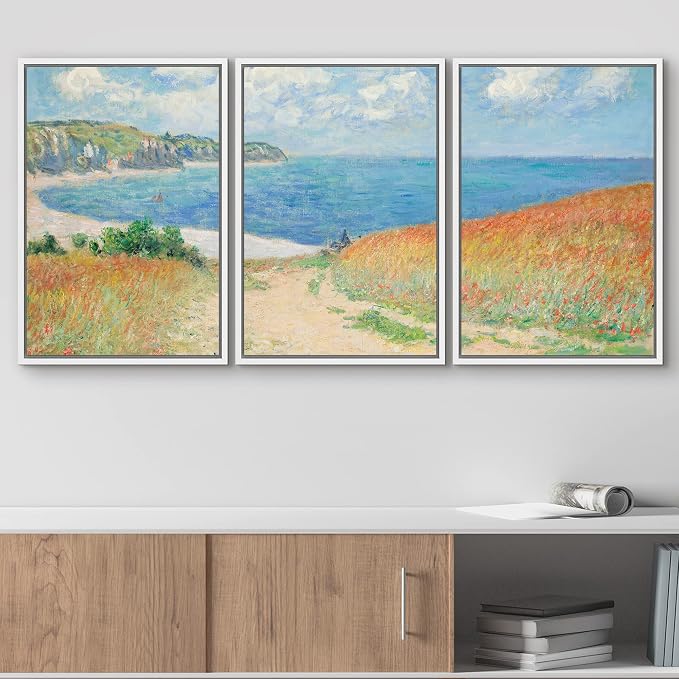wall26 Framed Canvas Print Wall Art Set Path Through The Corn at Pourville by Claude Monet Cultural Historic Oil Painting Fine Art Reproduction for Living Room, Bedroom, Office - 16"x24"x3 White