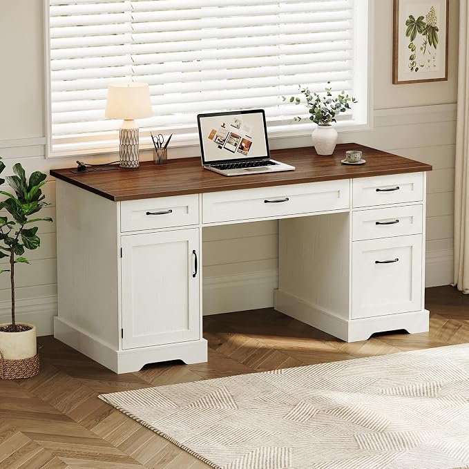 OffiGo 59 Inch Farmhouse Desk with Drawers, Executive Computer Desk with Charging Station, Wood File Cabinet Storage for Home Office, Walnut+White