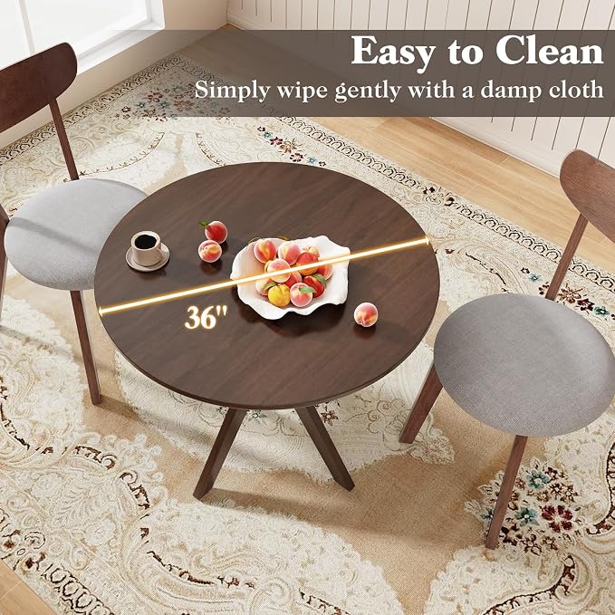 Moccha 36" Round Dining Table for 4 - Rubber Wood Kitchen Table with Intersecting Trestle Legs, Vintage Bar Table, Farmhouse Dining Room Tables for Dinette, Small Space, Restaurant, Bistro (Walnut)