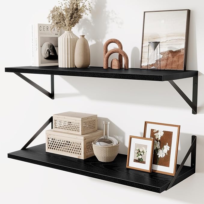 Deep Floating Shelves for Wall,30" Wx10 D Wood Floating Shelf Set of 2,Sturdy Metal Bracket Wide Display & Storage,Wall Mounted Hanging Floating Shelves for Living Room,Bedroom,Kitchen,Black