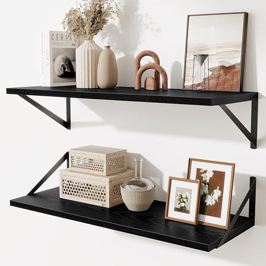 Deep Floating Shelves for Wall,30" Wx10 D Wood Floating Shelf Set of 2,Sturdy Metal Bracket Wide Display & Storage,Wall Mounted Hanging Floating Shelves for Living Room,Bedroom,Kitchen,Black