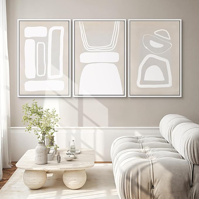 SIGNWIN Framed Canvas Print Wall Art Set Mid-Century Boho Geometric Polygons Abstract Shapes Cozy Neutral Modern Art Decorative Contemporary Minimal for Living Room, Bedroom, Office - 24"x36"x3 White