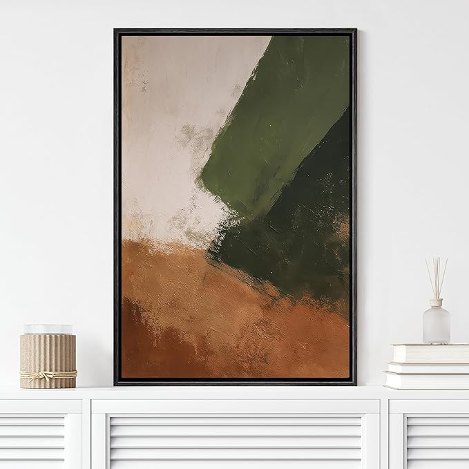 MUDECOR Framed Canvas Print Wall Art Green and Terracotta Minimalist Abstract Contemporary Illustrations Fine Art Decorative Zen Multicolor Country/Farmhouse Retro for Bedroom - 24"x36" BLACK