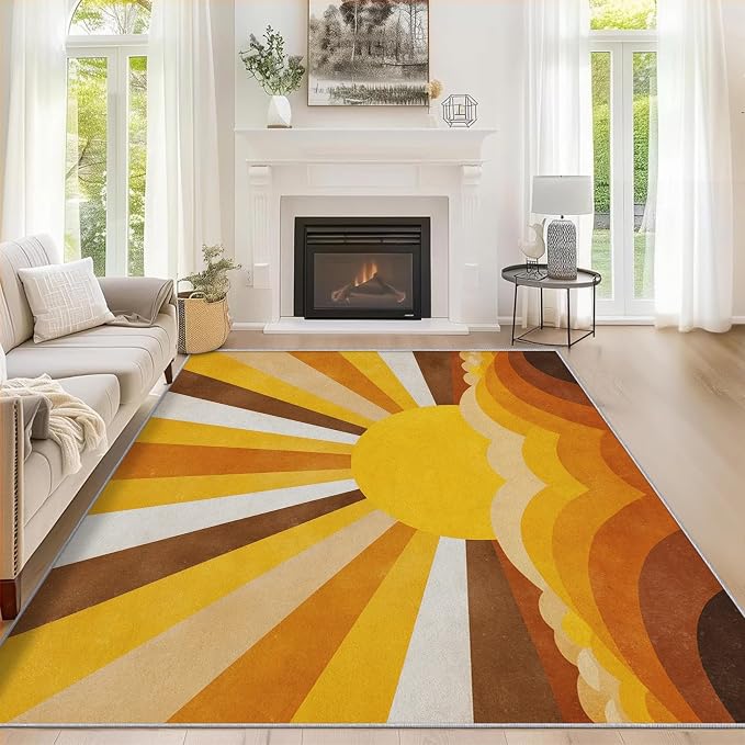 Boho Sun Rugs for Home Decor, 4x6 ft, Abstract Sunburst Retro Area Rugs for Living Room, Soft Non Slip Washable Mid Century Modern Carpet Bedroom Decorations Dt-Ghf-69