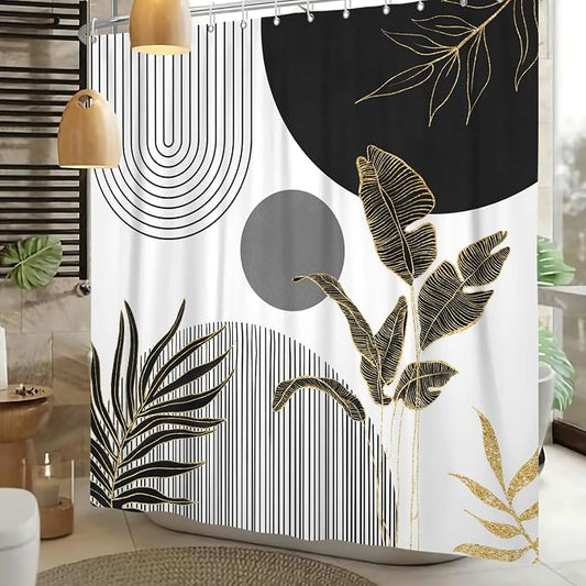 Mid Century Boho Shower Curtain, Abstract Modern Sun Minimalist Aesthetic Shower Curtain, Bohemian Geometric Arch Curve Leaves Neutral Art Fabric Bathroom Curtains Black 48x72 inch