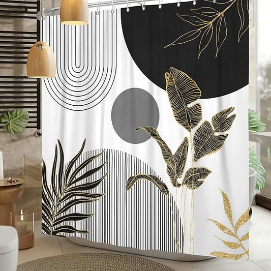 Mid Century Boho Shower Curtain, Abstract Modern Sun Minimalist Aesthetic Shower Curtain, Bohemian Geometric Arch Curve Leaves Neutral Art Fabric Bathroom Curtains Black 72x72 inch