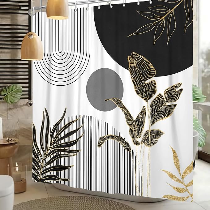 Mid Century Boho Shower Curtain, Abstract Modern Sun Minimalist Aesthetic Shower Curtain, Bohemian Geometric Arch Curve Leaves Neutral Art Fabric Bathroom Curtains Black 72x84 inch