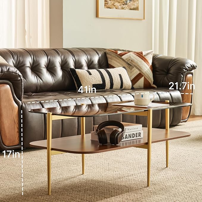 Saint Mossi Oval Glass Coffee Table for Living Room, Mid Century Modern Center Table, Brown Glass & Coffee Brown MDF Bottom Shelf with Rounded Corners, L41xW21xH17