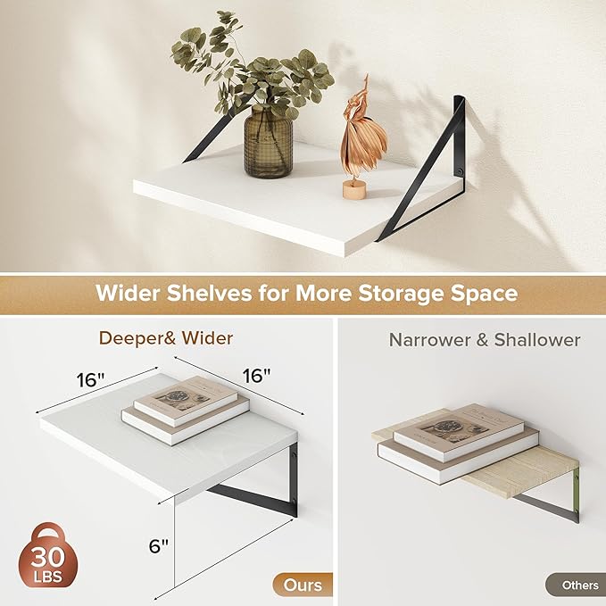 Deep Floating Shelves Wall Mounted, 16"x12" White Wall Shelves with Brackets Set of 2 for Bedroom, Living Room, Bathroom, Kitchen, Office - Storage & Display Shelf for Decor, Books, Plants