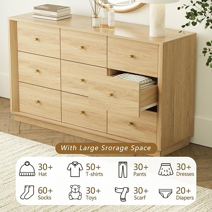 9 Drawer Dresser, Mid Century Modern Dresser with Storage, 55" Wide Chest of Drawers with Wood Grain Texture, Dressers TV Stand for Bedroom, Living Room, Hallway, Gold Oak