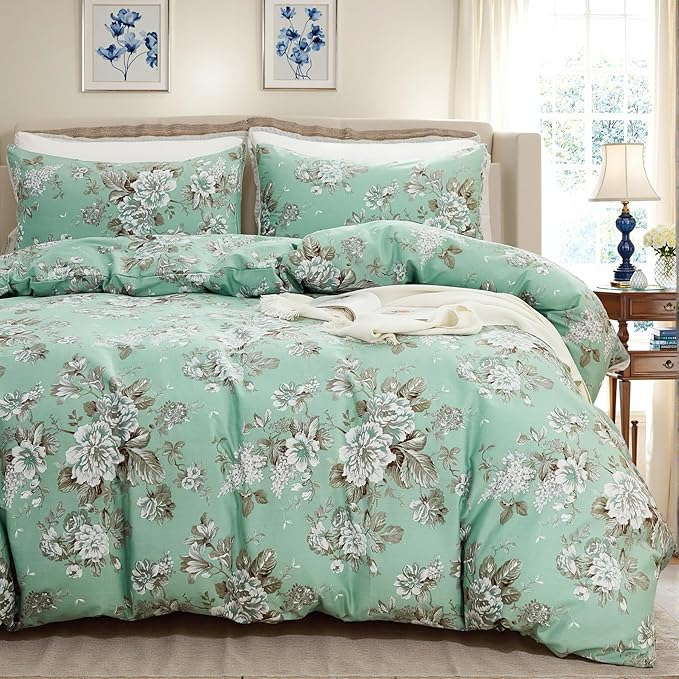 Floral Duvet Cover King Size Soft 100% Nature Cotton Vintage Style Green Bedding Set with Zipper Closure 3 Pcs Cottagecore Botanical Duvet Covers, Ultra Soft, Breathable