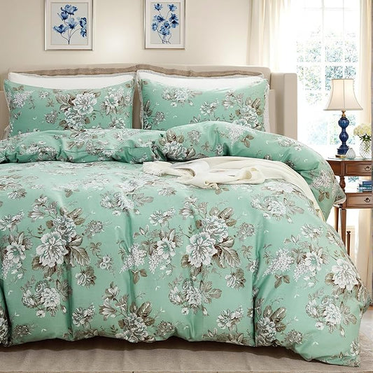 Floral Duvet Cover Queen Size Soft 100% Nature Cotton Vintage Style Green Bedding Set with Zipper Closure 3 Pcs Cottagecore Botanical Duvet Cover, Ultra Soft, Breathable