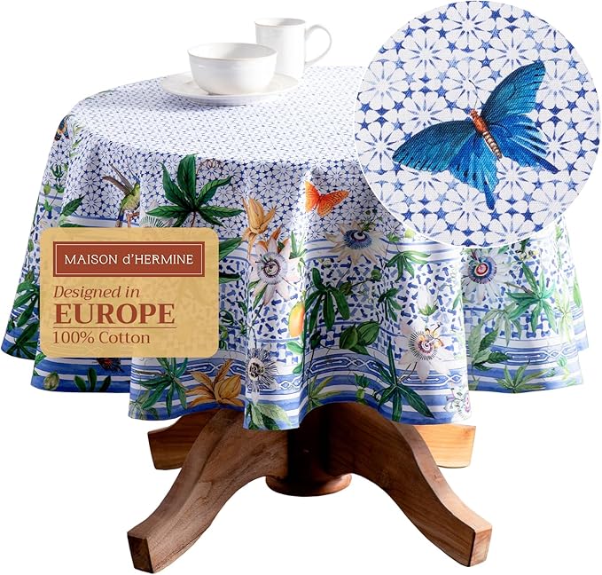 Maison d' Hermine Table Cloth Round Table 100% Cotton 63 Round Inches Tablecloth Reusable Decorative for Dining Room Farmhouse Home Valentines Day Decorations Spring Summer - Passiflora