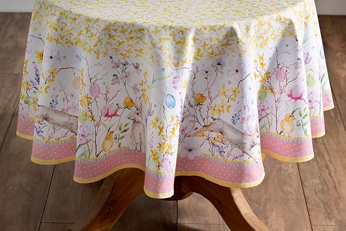 Maison d' Hermine Table Cloth Round Table 100% Cotton 63 Round Inches Tablecloth Reusable Decorative for Dining Room Farmhouse Home Valentines Day Decorations Spring Summer - Easter Zest