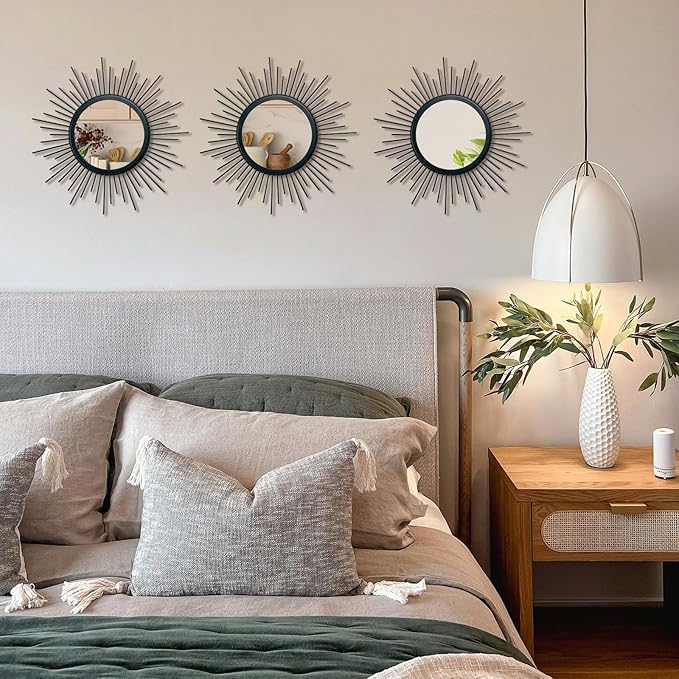 Cityelf 3 Set Black Mirrors for Wall Decor Metal Mirrors Small Mirror Sets Hanging Mirror Wall Sculpture for Bedroom Living Room Entryway