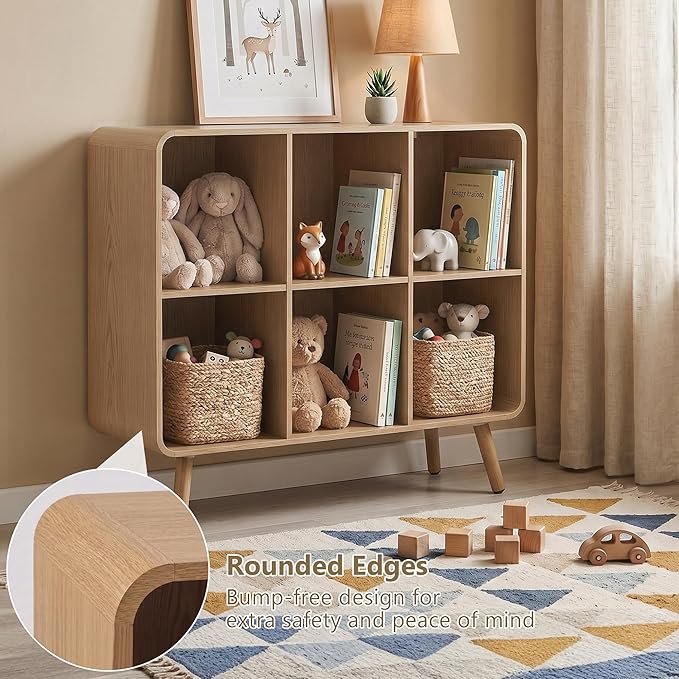 YOSHOOT 6 Cube Bookshelf - 35.4" Wood Cube Bookcase with Legs, Open Cubby Bookshelves with Curved Profile Design for Bedroom, Living Room,Home Office, Nature