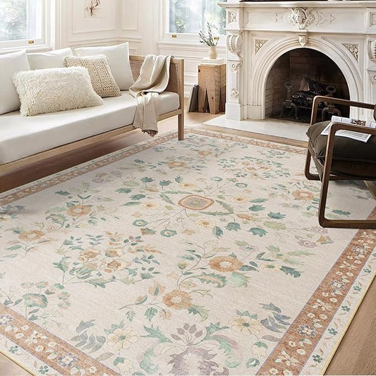 MUJOO 8x10 Area Rugs Washable,Large Floral Rugs for Living Room Bedroom Dining Room,Boho Indoor Floor Rug Non Slip Throw Carpet Low Pile Vintage Beige