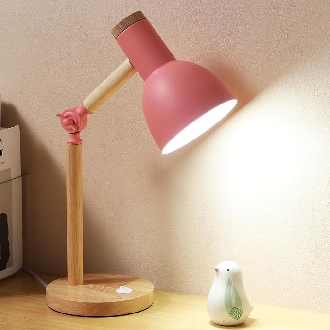 Desk Lamp,Wooden Adjustable Tri-Color Table & Bedside Lamp for Office, Living Room, Bedroom & Kids Room (Pink)