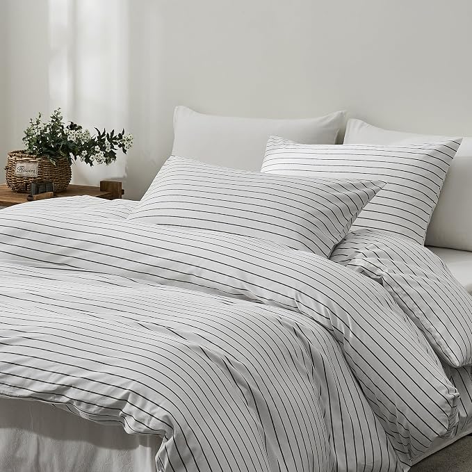 JELLYMONI Wide Striped Duvet Cover Set - Full Size Comforter Cover, Classic White & Gray Stripes, 100% Cotton 3 Pcs Bedding with Zipper Closure & 8 Corner Ties for Guest or Teen Room