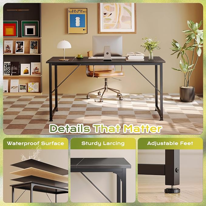 PRAISUN 55 Inch Computer Desk, Home Office Desk with Spacious Desktop, Modern Gaming Desk, Writing Study Table for Bedroom, Small Spaces, Work from Home Desk with Metal Frame, Black