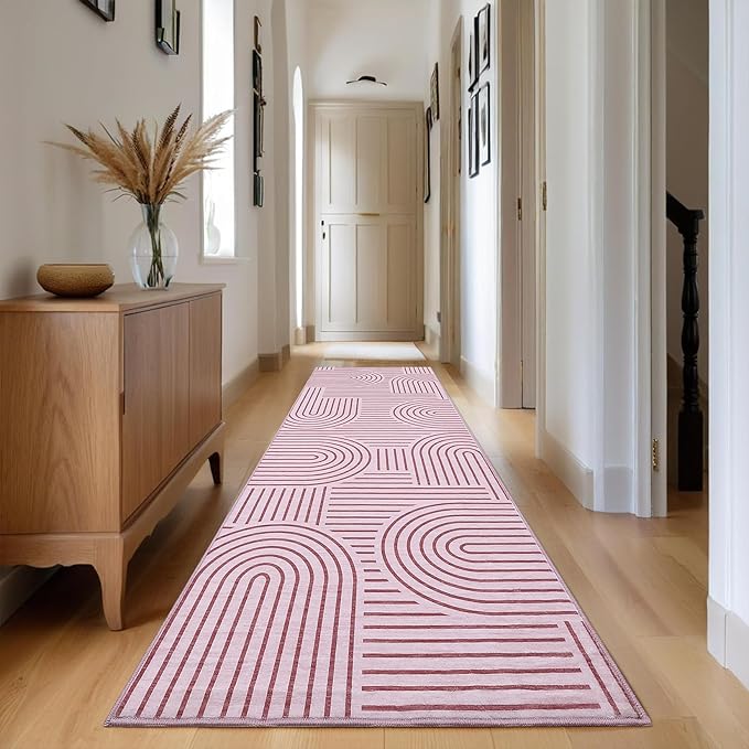 Modern Rug 2x6 Runners for Hallways, Abstract Kitchen Runner Rugs Non Slip Bath Runner, Rainbow Washable Runners Rug for Bedroom, Soft Long Rugs for Entryway Bathroom Laundry Dorm, Pink