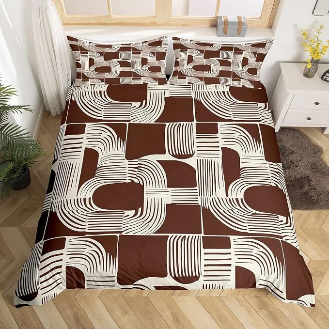 Erosebridal Bohemian Geometric Toddler Bedding Set for Boys Mid Century Abstract Comforter Cover for Kids Teens Adult Brown Boho Ethnic Duvet Cover Modern Abstract Striped Bed Sets with 1 Pillow Case