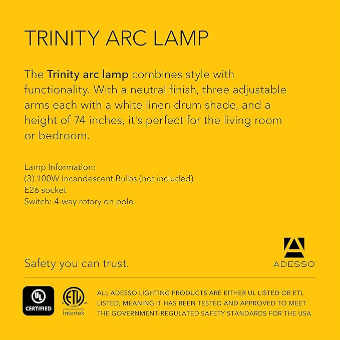 Adesso Arc Floor Lamp with 3 Movable Shades & Dimmable Brightness - Perfect Lighting for Bedroom, Living Room and Corner Decor, Brushed Steel