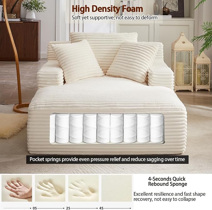 50" Chaise Lounge Indoor, Corduroy Lazy Sofa Bed Sleeper Chair with 3 Pillows & Spring Cushion, Oversized Boneless Chair for Living Room Apartment, Beige