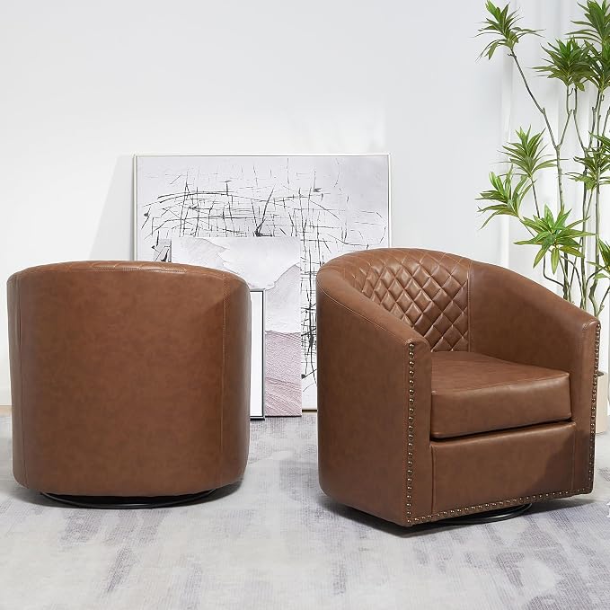 KINWELL 50" Faux Leather Loveseat Sofa with 2 Swivel Barrel Chairs, Brown | for Small Spaces