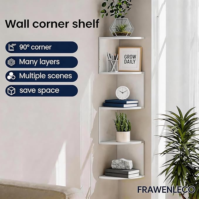 No-Drill Modern Corner Shelf Wall Mount, 5-Tier Floating Storage Rack, Corner Bookshelf with Hooks, Space-Saving Zigzag Plant Shelf for Bedroom, Living Room, Bathroom, Home Office(White)