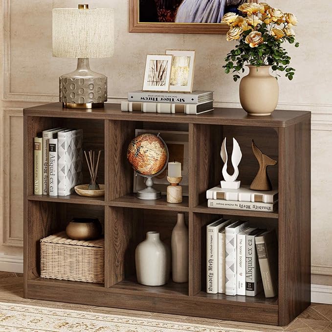 FATORRI 6 Cube Storage Bookcase, Rustic Wood Horizontal Bookshelf with Rounded Corners, Low Cube Organizer Shelf for Living Room, Bedroom, Office (Dark Walnut, 43 Inch)