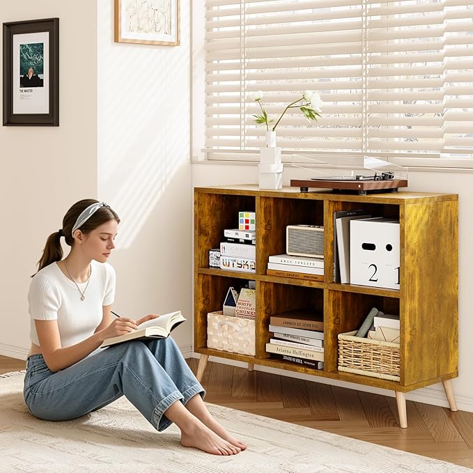 6 Cube Storage Organizer, Wood Bookcase with Legs, Modern Freestanding Cubby Shelving Unit, Book Shelf Toy Storage Cabinet for Bedroom, Living Room, Kids Room, Fits 11 Inch Bins, Rustic Brown