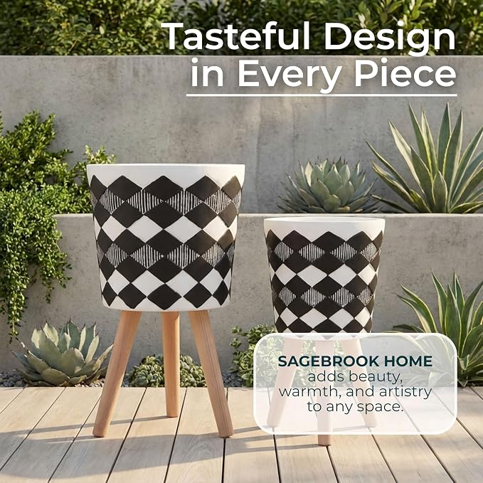 Resin Planter Stands Set – Plant Stand for Living Room or Patio Display for Greenery and Home Decor Styling, Geometric Mid-Century Design for Modern Outdoor Decor – 12" & 10", Black and White