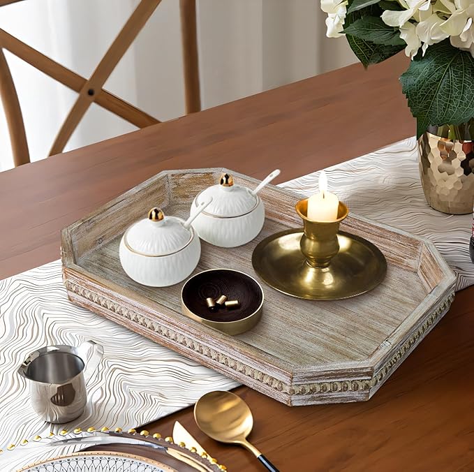 MAONAME Wood Serving Tray, Farmhouse Wooden Tray for Coffee Table, Octagonal Beaded Trays, Washed White Decorative Trays for Living Room, Kitchen, 15.7" X 10.2" X 1.6"