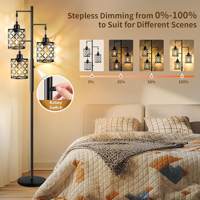 Dimmable Floor Lamp, Farmhouse Standing Lamp with Elegant Metal Cage, Industrial Tall Tree Floor Lamps for Living Room, Bedroom, Study Room, Office, 3 x 800LM LED Bulbs Included, 72", Black