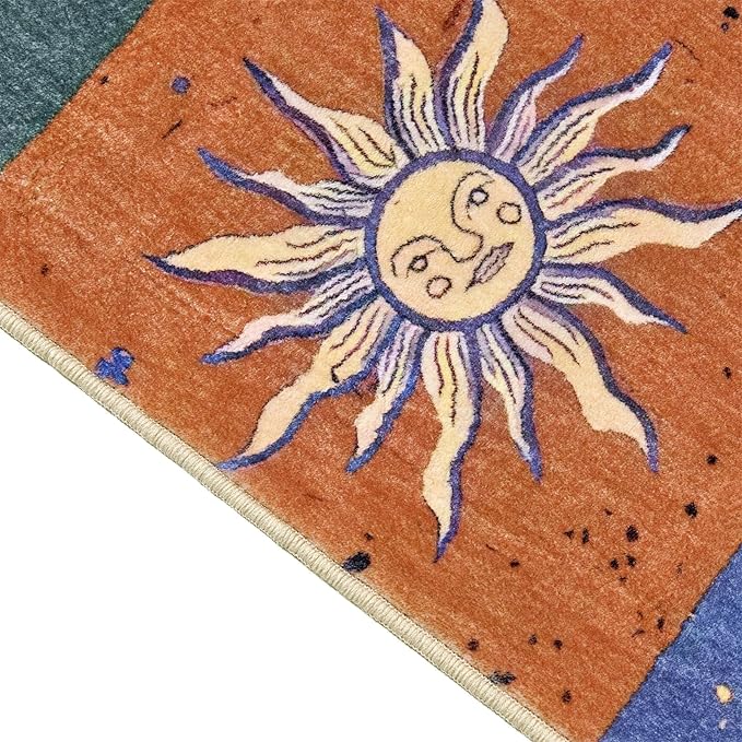 Boho Sun and Moon Washable Rug Ultra Thin, Vintage Mystical Celestial Checkerboard 4x6 Area Rug for Living Room Entryway Kitchen Dorm, Hippie Retro Aesthetic Cute Trendy Indie Bedroom Accent Carpet