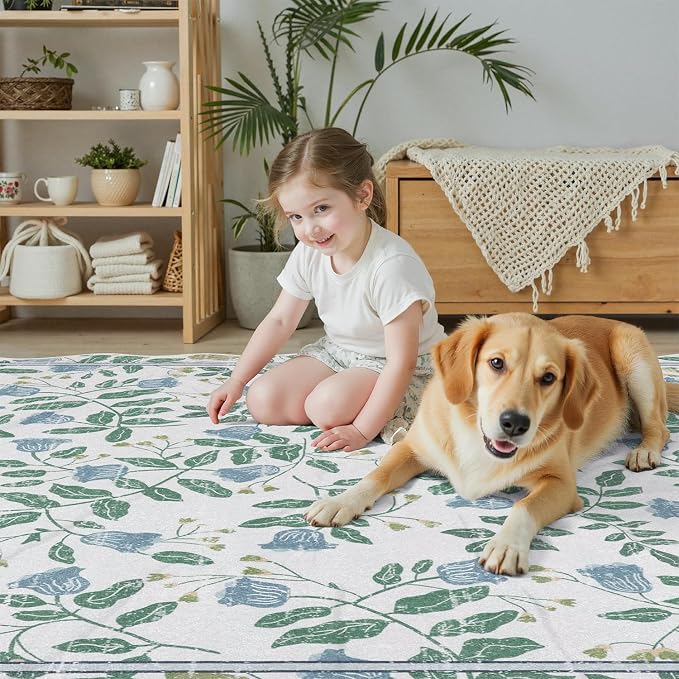 DCX Washable Botanical Floral Rug 5x7, Blue and Green Scalloped Rug, Non Slip Low Pile Carpet for Bedroom, Living Room, Kid & Pet Friendly