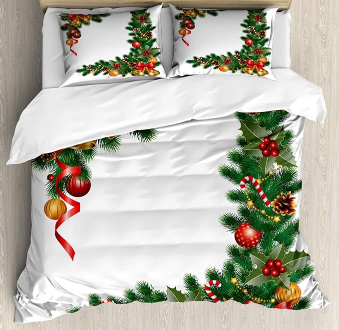 Ambesonne Christmas Duvet Cover Set, Noel Themed Illustration Fir Tree Ornaments Classical New Year Concept Print, Decorative 3 Piece Bedding Set with 2 Pillow Shams, California King, Forest Green